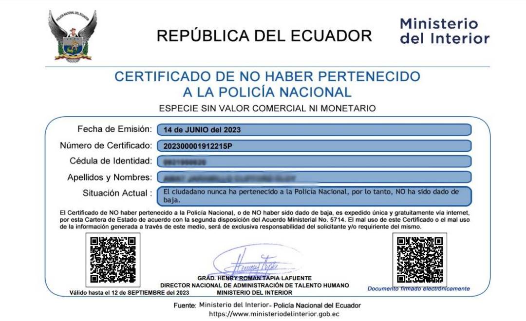 Certificado de no pertenecer a la policia