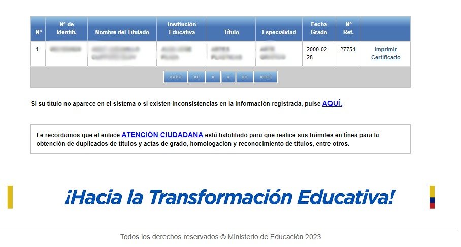 Impresión del certificado de título de bachiller