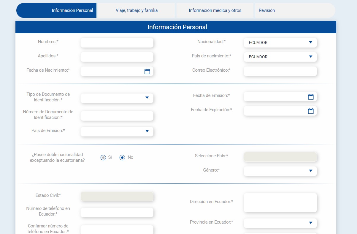 Registro migratorio Ecuador formulario